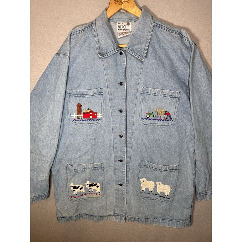 Vintage Way to Go Denim Jacket Embroidered Farm Cow Barn Sheep Light Wash Large